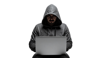  Man in hoodie using laptop isolated on transparent background