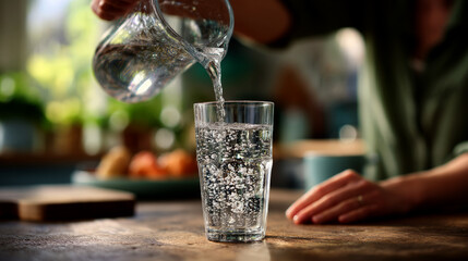 Pouring refreshing water from a glass pitcher into a glass on a wooden table top
