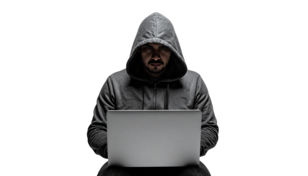  Man in hoodie using laptop isolated on transparent background