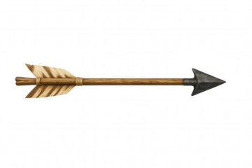 Wooden arrow with metal arrowhead and fletching, ancient projectile weapon, isolated element for historical and target concepts