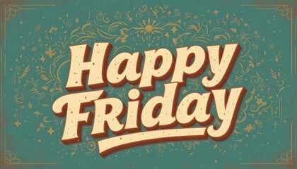 A stylized "Happy Friday" message over an ornate teal background with floral and star patterns