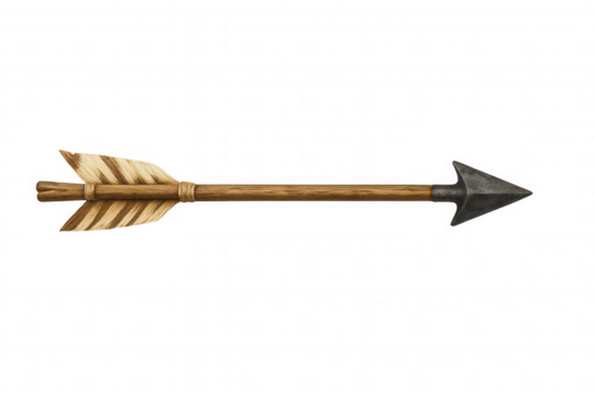 Wooden arrow with metal arrowhead and fletching, ancient projectile weapon, isolated element for historical and target concepts