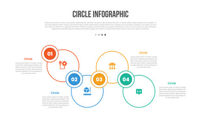 Obraz premium Circle base shape infographics template diagram with big circle up and down wave on horizontal direction with 4 point step creative simple flat outline