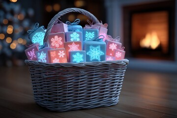 Brightly Lit Gift Boxes in a Basket Near Warm Fireplace Scene