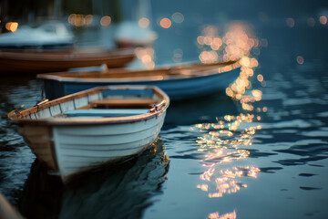 Obraz premium Rowboats bob gently on the tranquil water, reflecting the soft glow of distant lights at dusk