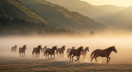 Horses running through misty meadow with mountain landscape and sunlight