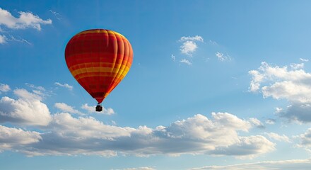 Fototapeta premium Hot air balloon soaring in bright blue sky with fluffy white clouds