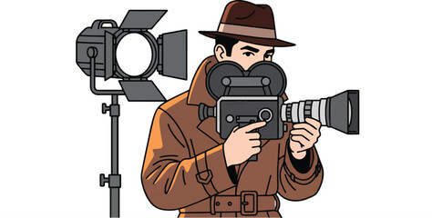 Detective Film Noir Style A Retro Filmmaker with a Vintage Camera in Action