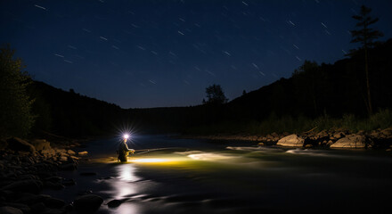Angler stands illuminated by a headlamp fly fishing in a flowing river under the night sky.