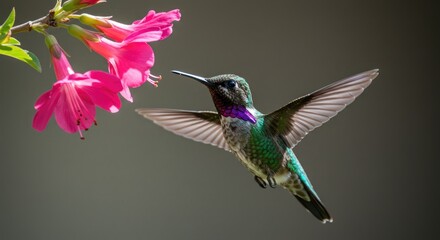 Fototapeta premium Hummingbird in flight near vibrant pink flowers against a blurred background