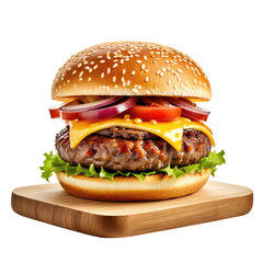 Delicious burger with cheese, tomatoes, and onions on a wooden board