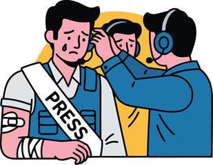 A distressed journalist is being helped by a colleague, wearing a press badge and visible injuries.