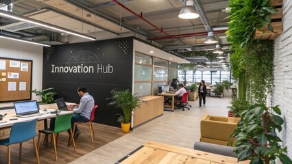 Modern office interior design in an innovation hub fostering creativity and collaboration among diverse professionals