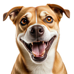 Cheerful canine portrait, smiling, brown fur, open mouth