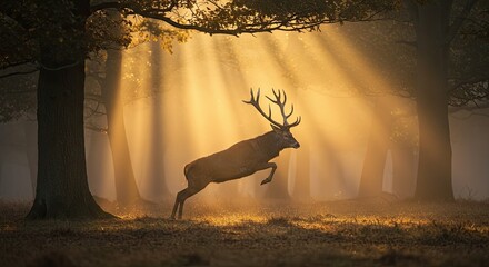 Majestic deer leaping through sunlight in a forest environment