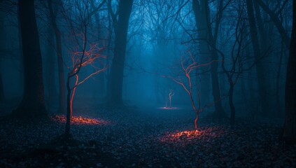 Obraz premium A mysterious foggy forest scene with glowing light and bare trees