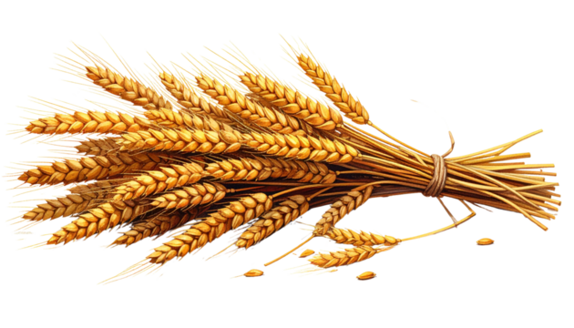 Golden grain wheat stalks tied together isolated on transparent background