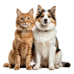 Obraz premium Cat and dog portrait. Ginger tabby and corgi look at camera. Studio