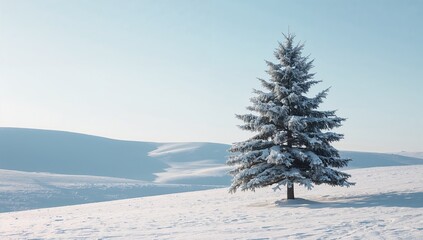 A solitary snow covered evergreen tree stands against a winter landscape