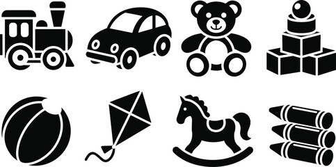 Collection of black toy icons on white background toys train