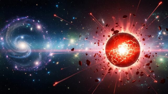 cosmic scene with luminous spiral galaxy on the left On the right volatile exploding red orb casts fragments and brilliant red light across star-filled expanse