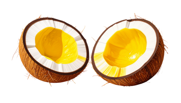  Fresh sliced coconut with bright yellow interior isolated on transparent background