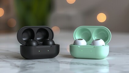 Two wireless earbuds and charging cases in different colors displayed closely