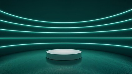 Empty stage with glowing neon lights and a white cylindrical pedestal