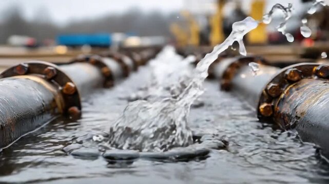 Industrial Pipeline Leak: A stark image of water gushing from a damaged section of industrial piping, highlighting the consequences of infrastructure failure, in an urban setting.