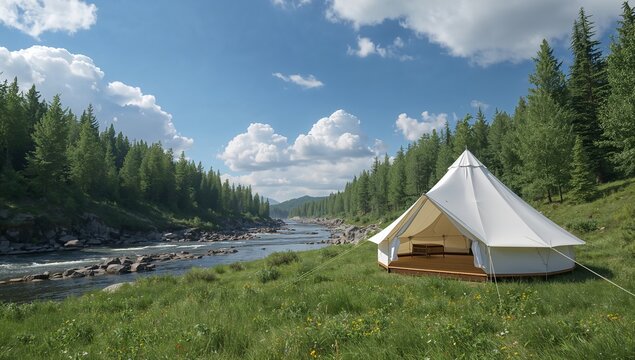 Scenic riverside view of a white canvas bell tent in nature