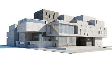 Modern brutalist architecture building design with geometric concrete facade and glass windows exterior