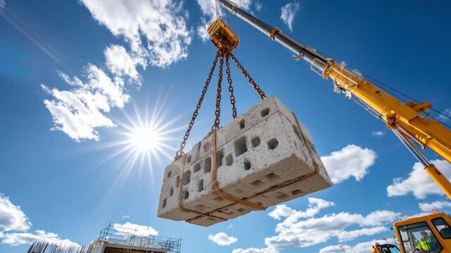 Lifting the Block: A construction site with a crane lifting a large concrete block against a bright blue sky, emphasizing strength, progress, and industry. 