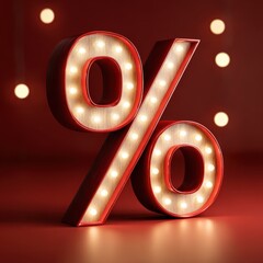 Bright Festive Percentage Symbol with Lights on Red Background