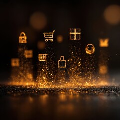 Glowing Digital Icons on a Dark Background for E-commerce Visuals