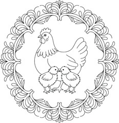 Chicken and chicks mandala outline art for coloring pages and country designs