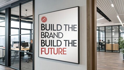 Motivational Office Poster with Text About Building Brand and Future in Modern Workspace Setting