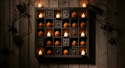 Spooky Halloween advent calendar with glowing candles and jack-o'-lanterns creating a nostalgic, festive atmosphere for holiday celebrations