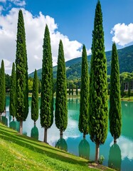 Cypress trees by a lake