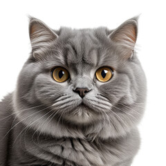 Fototapeta premium Fluffy grey cat with amber eyes, close up on black background