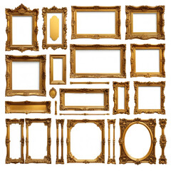 Gilded frames collage. Different ornate styles, various shapes and sizes