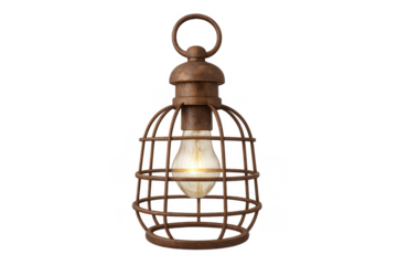 Vintage industrial cage lantern with glowing light bulb