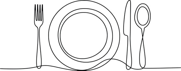 Minimalist continuous line drawing of plate fork knife and spoon setting
