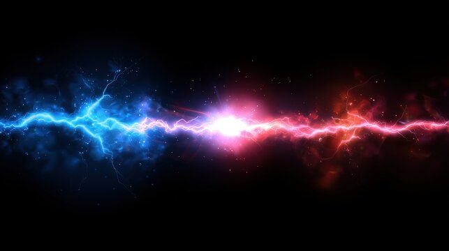 Dynamic vector illustration of blue and red lightning sparks on a dark background, showing an electric flash between two sharp lines, symbolizing energy, power, electricity, voltage, and high-tech fut