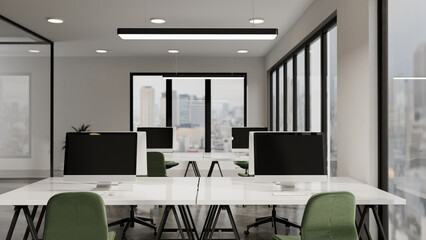 Realistic 3D illustration of a contemporary office with desks, desktop computers, and large windows overlooking the city