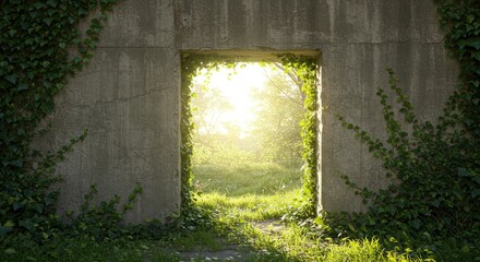 Open doorway in concrete wall leads to bright natural light and greenery