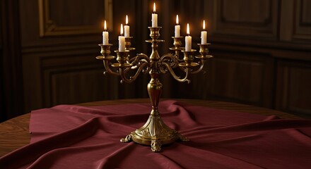 Ornate candle holder with lit candles on a red tablecloth