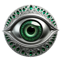 Ornamental eye emblem, silver filigree, with emerald gems and green iris