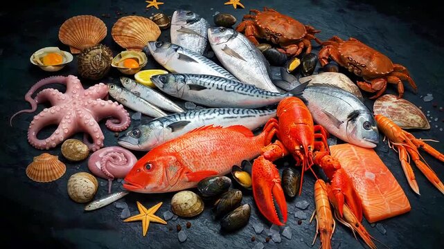 A still life presents various seafood items, arranged on a dark surface. Crabs, fish, and more are featured