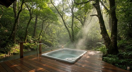 Outdoor hot tub in lush forest setting relaxing spa experience day