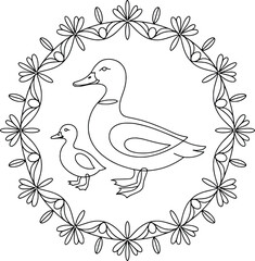 Mother duck and duckling outline art within decorative floral border circle